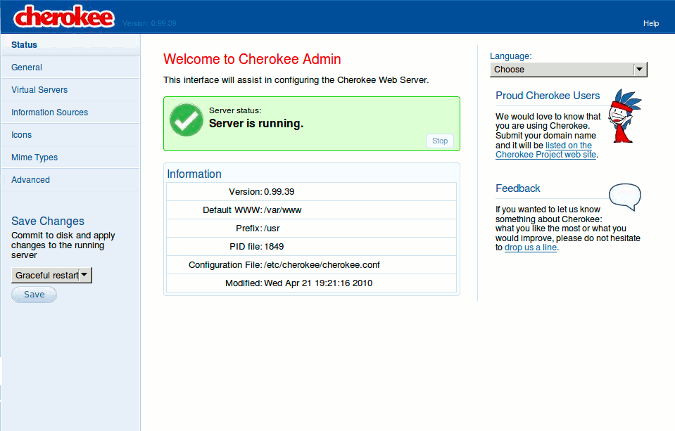 The cherokee-admin web server administration interface running on an Ubuntu Linux 10.04 LTS (Lucid) Linode.